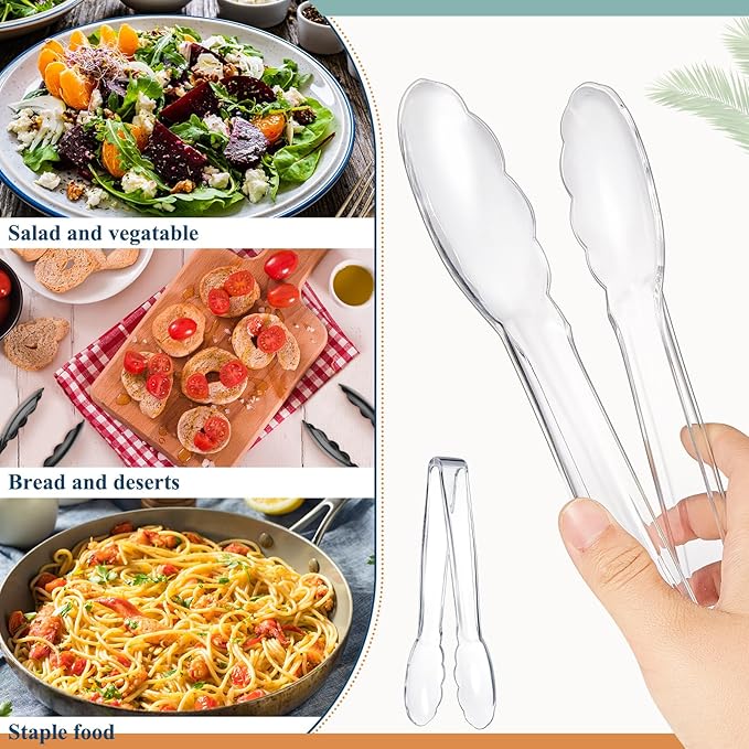 Tessco for you 50 Pcs Plastic Tongs for Serving Bulk, 9 Inch Plastic Disposable Serving Tongs, Heavy Duty Salad Tong for Kitchen, Buffet, BBQ, Events & Catering (Transparent)