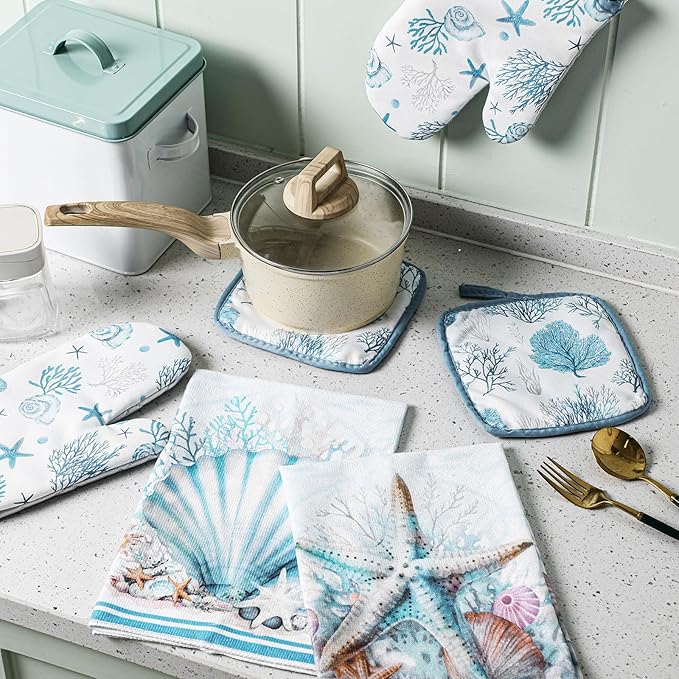 Jingmore 6 Pcs Kitchen Decor Set Accessorie Farmhouse Kitchen Towels Pot Holders and Oven Mitts Set 2 Dish Towels 2 Pot Holders 2 Cooking Mitten Oven Glove for Cooking(Blue,Coastal Starfish Shells)