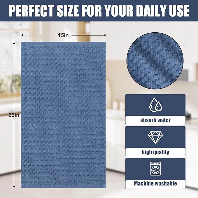 Homaxy 100% Cotton Terry Kitchen Towels(15" x 25", 8 Pack), Soft and Super Absorbent Dish Towels, 380 GSM Reusable Tea Towel with Hanging Loop, Pineapple Grid Designed, Navy Blue