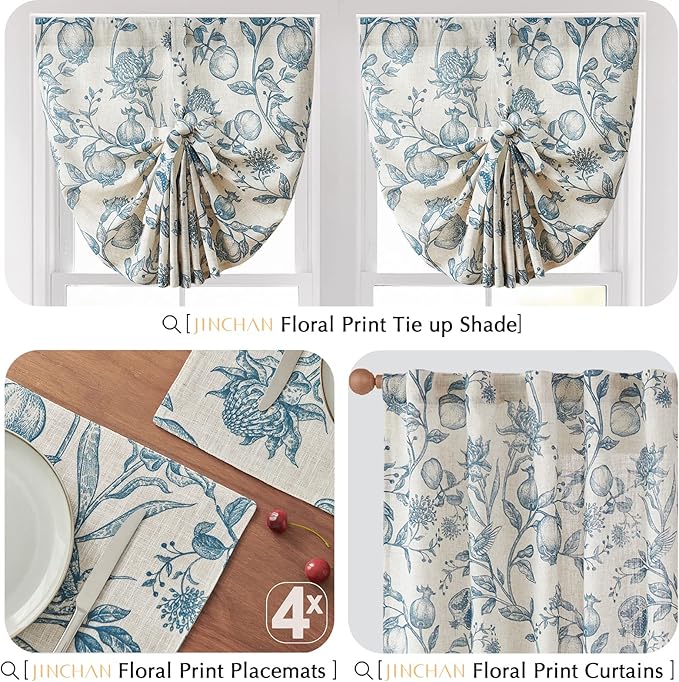 JINCHAN Linen Floral Placemats Set of Cloth Table Mats Rustic Cottagecore Botanical Outdoor Seasonal for Kitchen Dining Decor Heat Resistant Non-Slip Washable Tablemats 13x19 Inch Blue