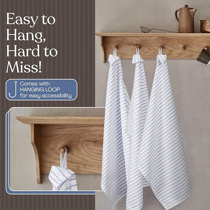 Indigo Blue Stripe Kitchen Towels, 5 Pack, 100% Cotton, Super Absorbent and Quick Dry, Classic Striped Towel Set, Durable Dish Cloths for Kitchen Use, Cleaning & Drying Dishes