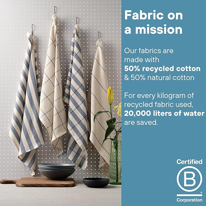 MEEMA Upcycled Spring Kitchen Towels Cotton Fabric | Super Absorbent Hand Towels with Hanging Loop | Cleaning Rags and Dish Towels for Kitchen | Blue Striped | Large 18 x 28 Inch | 4-Pack