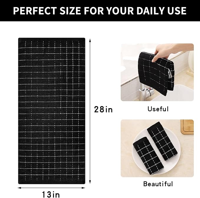 Homaxy 100% Cotton Terry Kitchen Towels(Black, 13 x 28 inches), Checkered Designed, Soft and Super Absorbent Dish Towels, 6 Pack