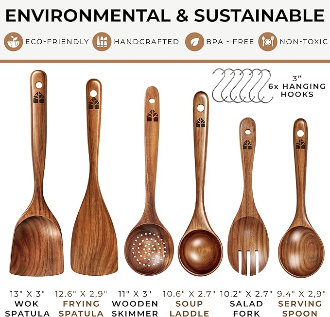 Wooden Spoons for Cooking – 6 Pcs Premium Teak Wooden Utensil Set with Hooks - Durable, Nonstick Safe, Easy to Clean & Heat Resistant with Ergonomic Handles