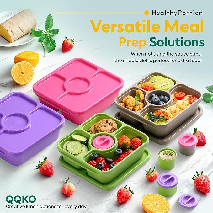 QQKO Bento Snack Box Containers for Adults Kids, Meal Prep Containers Reusuable Bento Lunch Box, Lunchable Food Storage Containers with Lids and Sauce Cups, Retro Brown