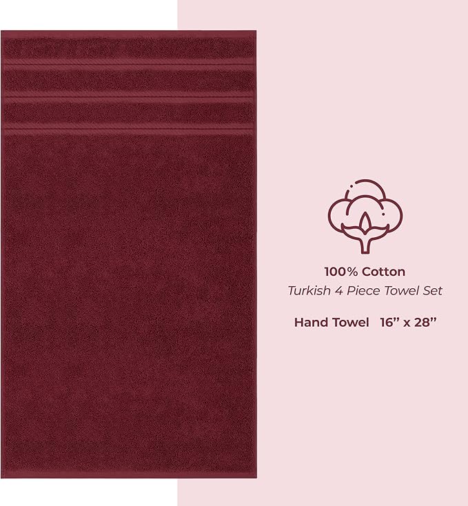 American Soft Linen Luxury Hand Towels for Bathroom, 600 GSM Heawy Weight 16x28 Size 100% Cotton Turkish 4 Piece Hand Face Towel Set, Bordeaux Red Hand Towels