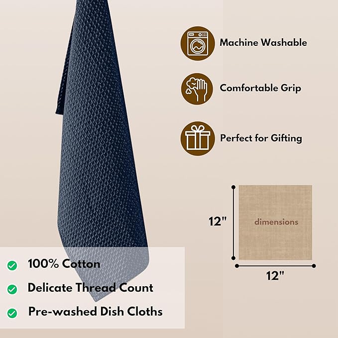 Native Fab 12 Pack Waffle Dish Cloths - 100% Cotton, Absorbent, Quick Drying, Reusable Towels for Cleaning, Cooking, Baking - Great for Home, Restaurants, Versatile Use - 12"x12" - Navy Blue