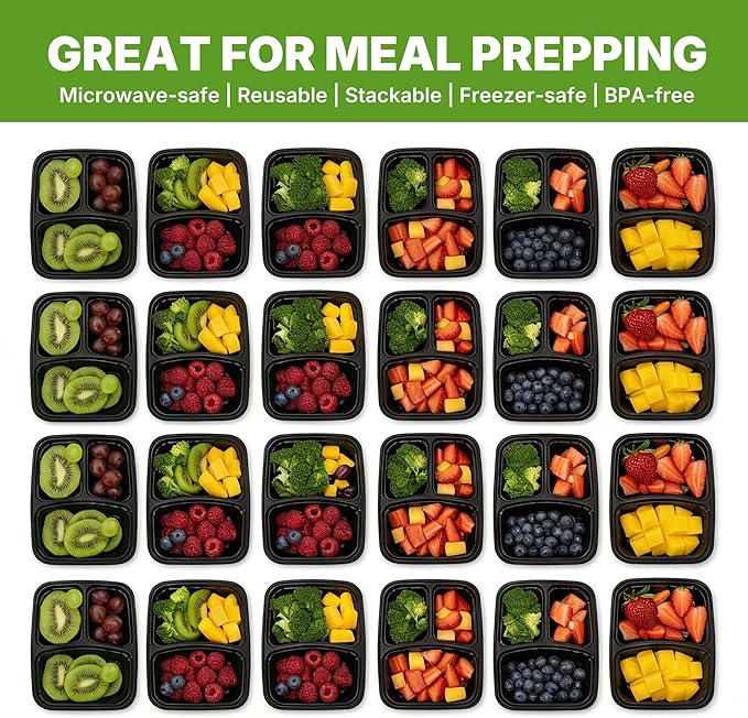 Meal Prep Containers with Lids, Reusable 2-Compartment Food Storage, Sturdy Leakproof, Food Safe, Microwave Freezer Dishwasher Safe, To-Go Takeout Plastic Containers, 50 Pack (100-Piece) – 60828 60828