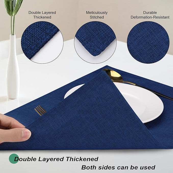 Cloth Placemats Set of 4, Cotton Linen Blend Machine Washable Double Layered Place Mats, Heat Resistant Placemats Wrinkle Free Thick Fabric Dining Table Mats for Indoors & Outdoors (Navy Blue, 4)
