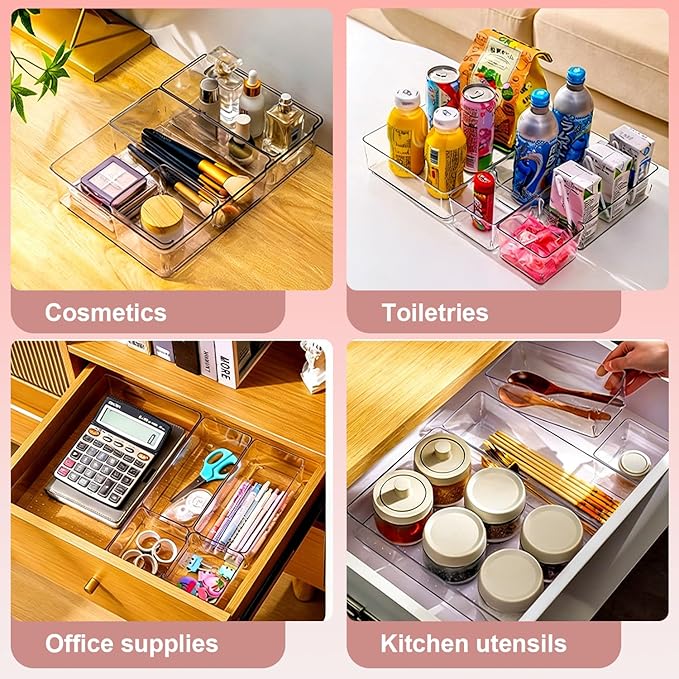 25-Piece Clear Plastic Drawer Organizer Set with 4 Sizes - Compartment Storage Bins, Drawer Dividers for Home, Office, Makeup, Jewelry, Gadgets, Kitchen and Bathroom Organization