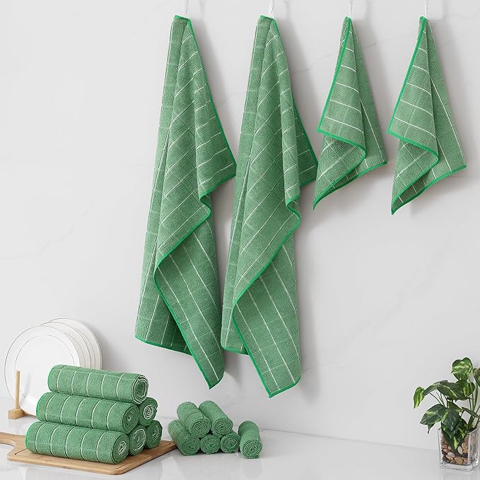 Homaxy Microfiber Kitchen Towels and Dishcloths Set, 20 Pack Soft and Absorbent Dish Hand Towels Bulk, 28 x 16 Inch & 12 x 12 Inch Quick Drying Rags for Washing Dishes, Grass Green