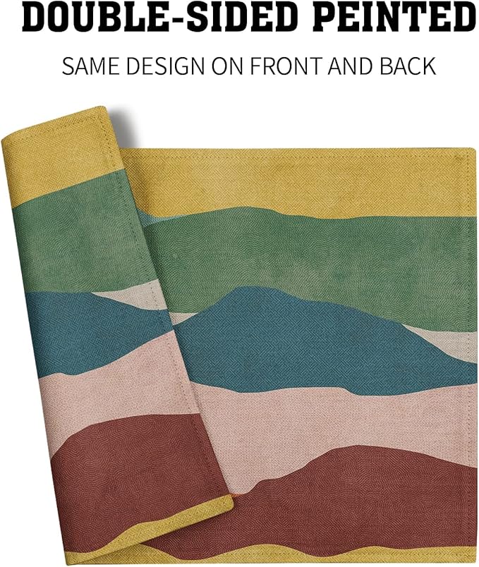 Colorful Art Placemats for Kitchen - Mountain Painting Placemats Set of 4 Abstract Modern Art Linen Table Mat Watercolor Place Mat Decorative Holiday Indoor Outdoor Dinner Decor 12 x 18 Inch
