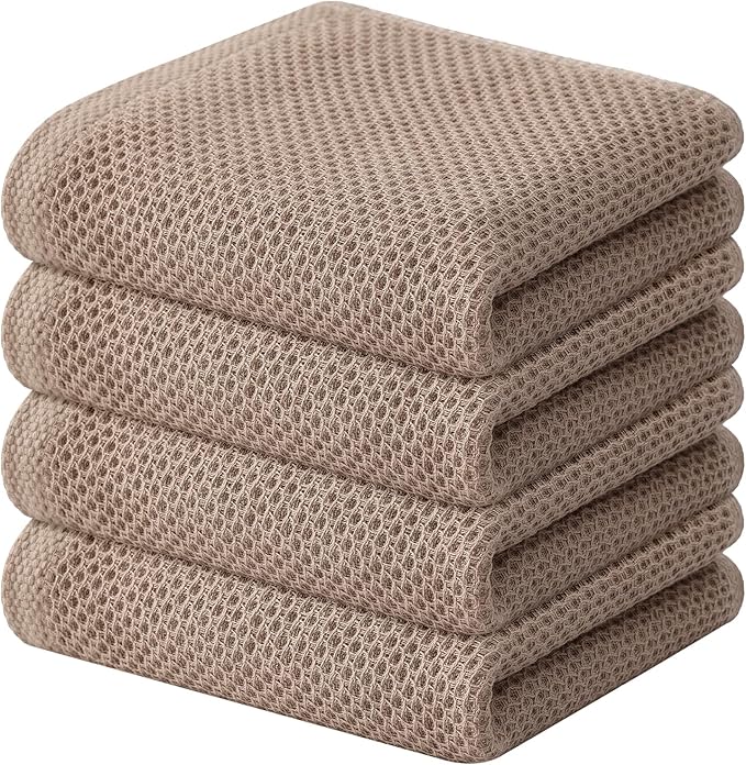 Kitinjoy 100% Cotton Waffle Weave Kitchen Hand Towels (13 X 28 Inches, Tan), 4-Pack Super Soft and Absorbent Dish Towel for Drying Dishes