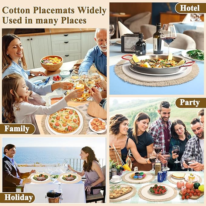 Round Placemats Set of 4 Table Mats 13Inch Washable Cotton Heat Resistant for Dining Table Decor, Farmhouse Thick Rustic Kitchen Placemats Non-Slip Hand Woven Boho Placemats for Thanksgiving Christmas