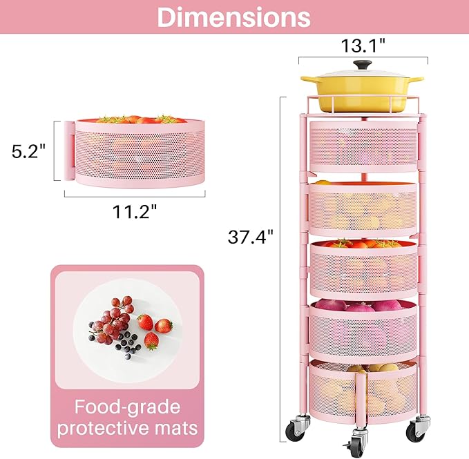 SNTD Fruit and Vegetable Basket Bowls for Kitchen with Metal Top Lid, 5 Tier Rotating Storage Rack Cart for Potato Onion Bread Banana, Wire Basket Organizer on Wheels, Large, Pink
