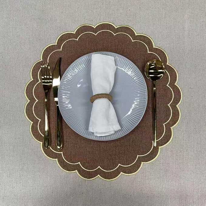 Linen Cotton Placemats Set of 4 Scalloped Flower Embroidery Place Mats 15'' Natural Linen Texture Fabric Machine Washable Table Mats for Restaurant Kitchen,Table Decor(Brown)