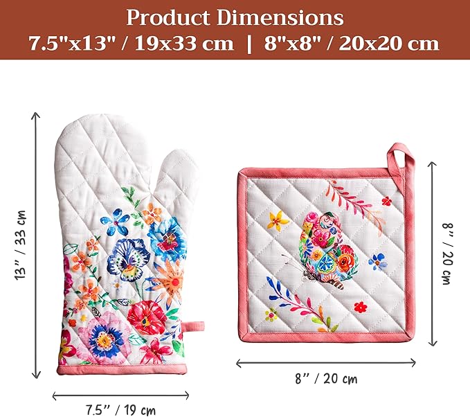 Maison d' Hermine 100% Cotton Oven Mitt & Pot Holder Set (7.5"x13" & 8"x8") Heat Resistant BBQ Cooking Gloves with Loop Baking Gifts for Mothers Day Spring/Summer (Happy Florals - High Summer)