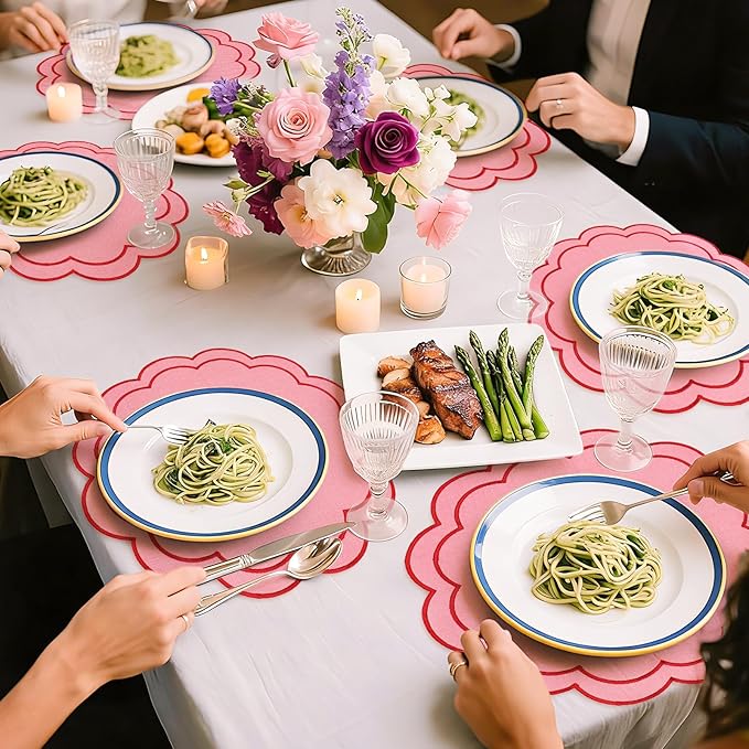 Whaline Pink Red Linen Placemats Embroidered Round Scalloped Kitchen Table Mats for Wedding Anniversary Valentine's Day Baby Shower Party Home Dining Table Decor, Set of 4, 15 x 15 in
