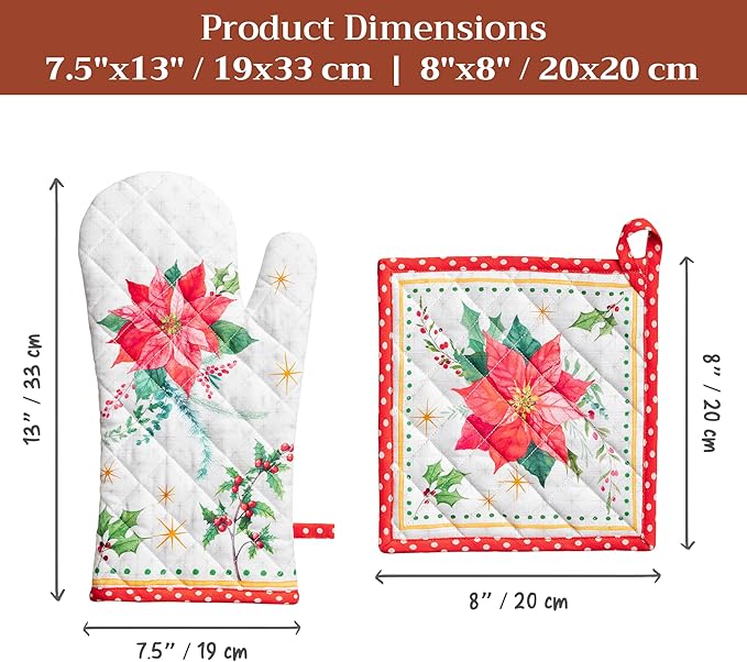 Maison d' Hermine 100% Cotton Oven Mitt & Pot Holder Set (7.5"x13" & 8"x8") Heat Resistant BBQ Cooking Gloves with Loop for Thanksgiving Christmas Decorations Handling Hot Pans (Poinsettia Christmas)