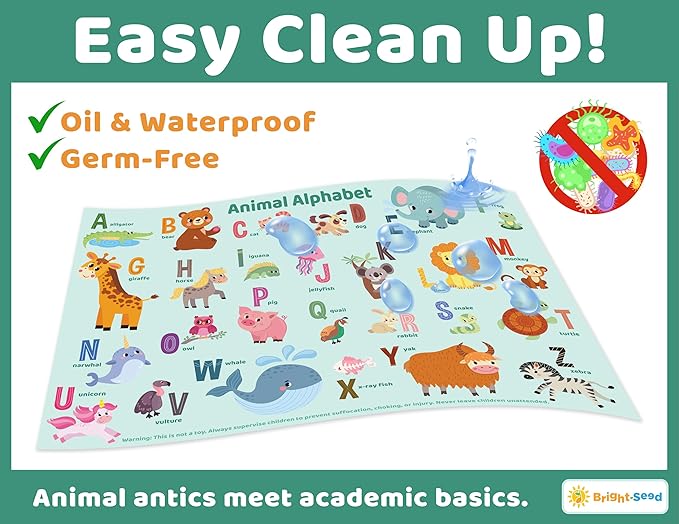 Bright Seed Disposable Placemats for Baby, Toddlers and Kids, 40 Disposable Baby Placemats for Restaurant, Dining Table & Travel, Learning Placemats for Kids, Toddler Travel, Animals ABC & Numbers