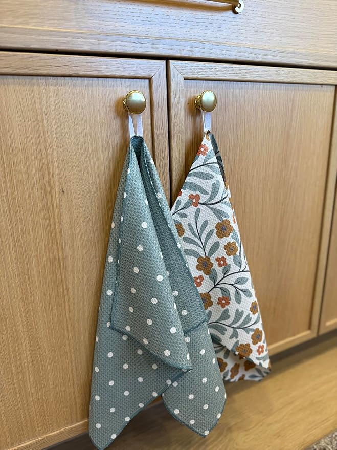 2 Pack || Double Sided|| Not Your Ordinary Kitchen Towels || Dish Towels || Quick Dry || Waffle Weave Microfiber || Designer Prints || Highly Absorbent || Hanging Hook (Green)