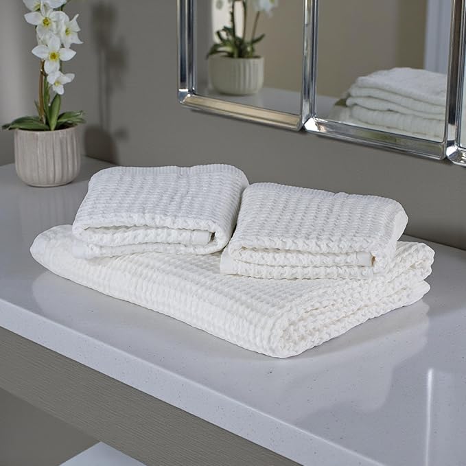 DEMMEX Organic Cotton Waffle Weave Turkish Bath Towel - Ultra Soft Lightweight Quick Dry, Oeko-Tex Certified, 100% Turkish Cotton (Crisp White, Large (60x30))
