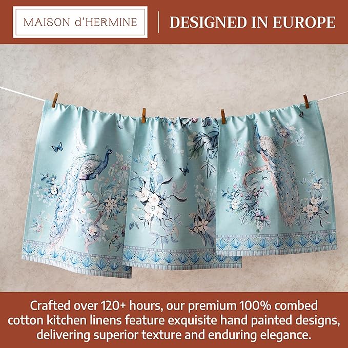 Maison d' Hermine Kitchen Towel 100% Combed Cotton Premium Set of 3 Kitchentowels Easter Tea Towels (20"x27.50") for Table Cleaning, Buffet Parties & Wedding Use - Peacock Utopia - Pastel Turquoise