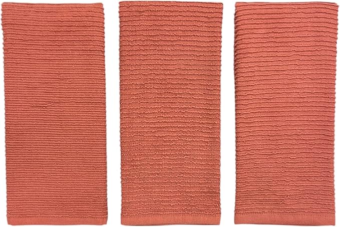 Serafina Home Peach Coral Salmon Kitchen Hand Dish Towels: Oversized 28" x 18",100% Cotton Cloth Soft Cleaning Drying Absorbent Ribbed Design, Set of 3 Multipurpose for Everyday Use (Peach)