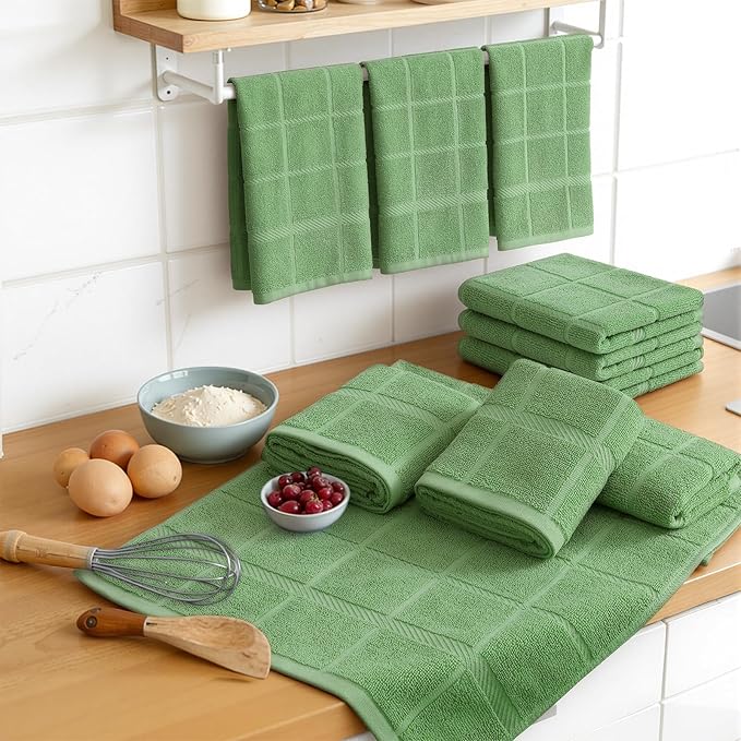 Homaxy Premium Kitchen Towels 18"x28", 8 Pack Large Cotton 380 GSM Dish Towels, Soft and Absorbent Kitchen Hand Towels with Terry Grid Design, Utility Tea Towel Set with Hanging Loop, Grass Green