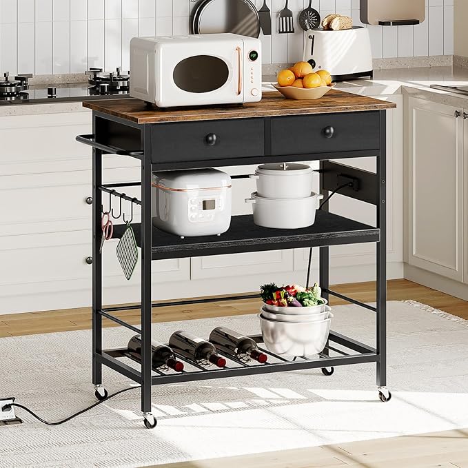 HOOBRO Kitchen Island with Storage, Rolling Island Cart for Kitchen with 2 Drawers & Outlet, 3 Tier Coffee Station and Microwave Stand, Kitchen Island Table for Home, Rustic Brown and Black FB08UZD01
