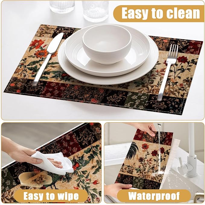 Rustic Rooster Placemats Set of 6, Flower Floral Linen Place Mat Washable Stain Resistant Table Mats for Farmhouse Kitchen Dining Holiday Party Wedding Decor 12x18 Inch