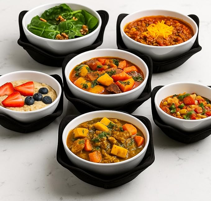 Set 2X Black 7" sq. x 4"H Polyester Microwave Bowl Holder Potholders - Microwavable Soup Bowl Cozy - Hot Pads Holders for Hot Food Quilted - Bowl Cozies for Microwave Kitchen Accessories, Gadgets