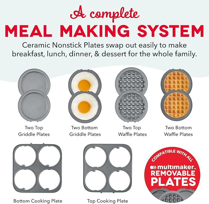 Dash MultiMaker® Family Mini Maker System - Dual Ceramic Nonstick Cooking Surfaces - Built-In Cord Wrap - Makes 4-Inch Waffles - Aqua, 8 Plates