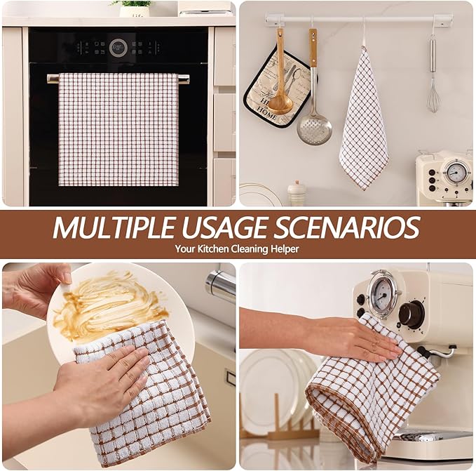Homaxy Kitchen Towels and Dishcloths Set, 16 x 25 and 12 x 12 Inches, Set of 8 Cotton Terry Kitchen Dish Towels, Super Soft and Absorbent Dish Cloths, Brown