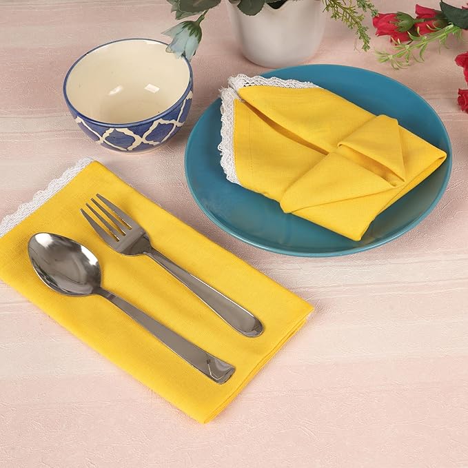 FINGERCRAFT Dinner Cloth Napkin Cotton Linen Blend 4 Pack Mitered Corners with Elegant Lace for Everyday Use Napkins are Pre Shrunk and Good Absorbency Lemon Easter Color