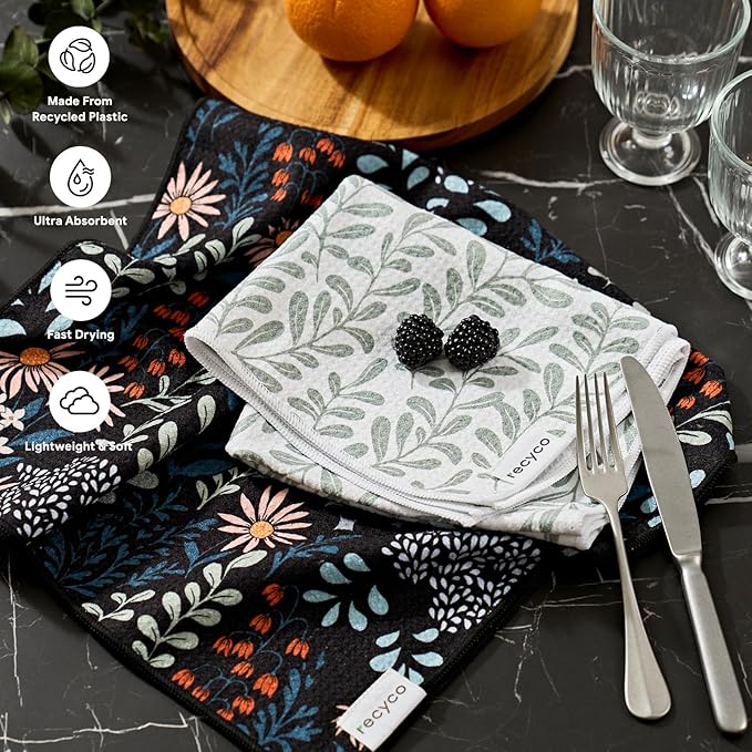 RECYCO Waffle Kitchen Towel Set of 2 - Quick Dry Microfiber Sustainable Dish Towels - Ultra Absorbent Reusable Cleaning Tea Towels - Lightweight Hand Towels,16”x 28”, Enchanted Bloom