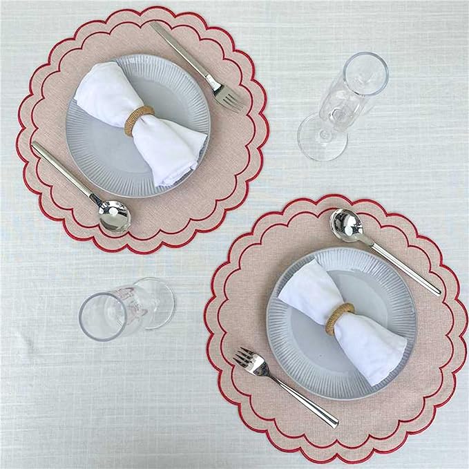 Linen Cotton Placemats Set of 4 Scalloped Flower Embroidery Place Mats 15'' Natural Linen Texture Fabric Machine Washable Table Mats for Restaurant Kitchen,Table Decor(Powder Pink)