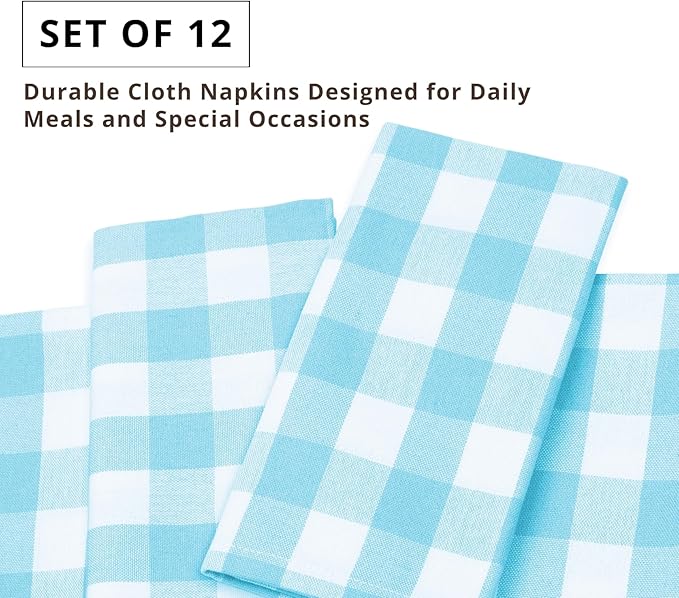 PurpleEssences Buffalo Plaid Cloth Napkins - Mitered Corners - Spring Easter Summer - Gingham Check Dinner Napkin - Set of 12-100% Cotton - 18x18 Inch - Reusable Washable - Aqua Blue and White