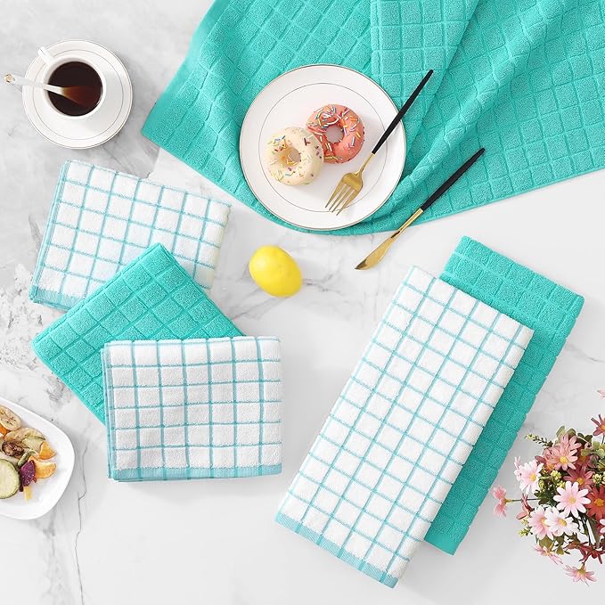 Homaxy Premium Cotton Kitchen Towels 16"x 28", Large Natural Ring Spun 390 GSM Dish Towels, Super Absorbent Terry Kitchen Hand Towels, Soft Tea Towels with Hanging Loop, Aqua Check Design, 8 Pack
