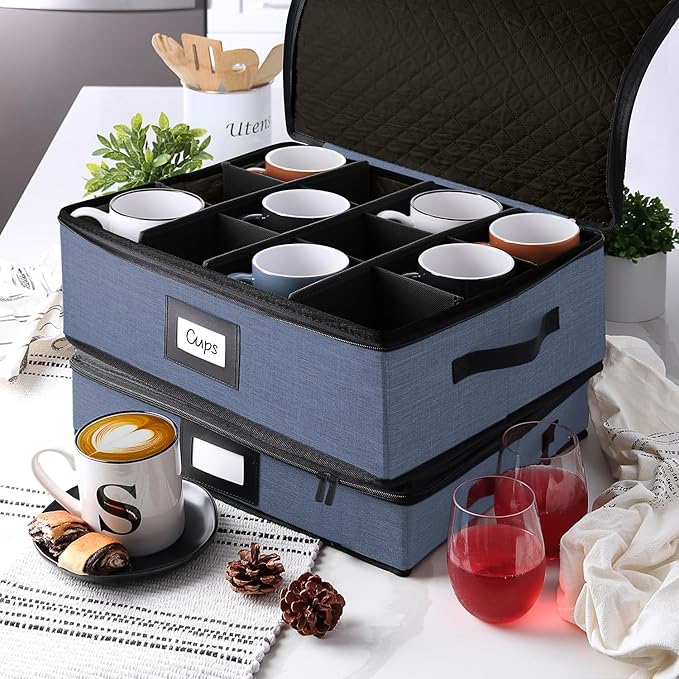Coffee Mug Storage, 2 Pack Quilted and Stackable Coffee Cup Storage Organizer for Service of 24, Mug Storage Box with Dividers, China Containers Hard Shell for Moving and Organization, Blue