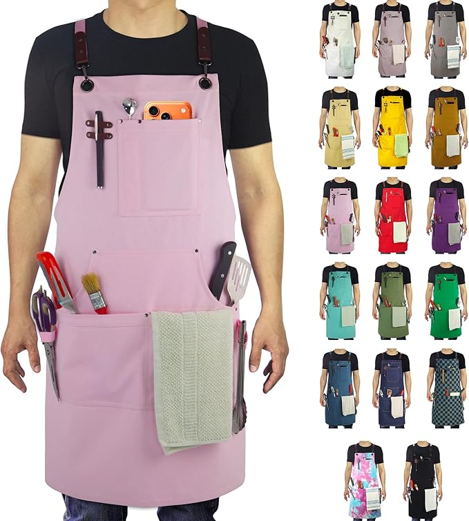 Kitchen Apron, Work Apron, Canvas, Multiple Pockets, Gardening, Painting, BBQ, Artist, Carpenter, Sizes M to XXL, Pink