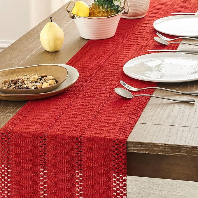 ZeeMart Macrame Style Boho Table Runner, Red Table Runners 108 Inches Long, Farmhouse Woven Home Decor, 12x108 Inch, Red