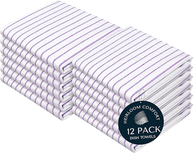 Lavender Stripe Kitchen Towels, 12 Pack, 100% Cotton, Super Absorbent and Quick Dry, Classic Striped Towel Set, Durable Dish Cloths for Kitchen Use, Cleaning & Drying Dishes
