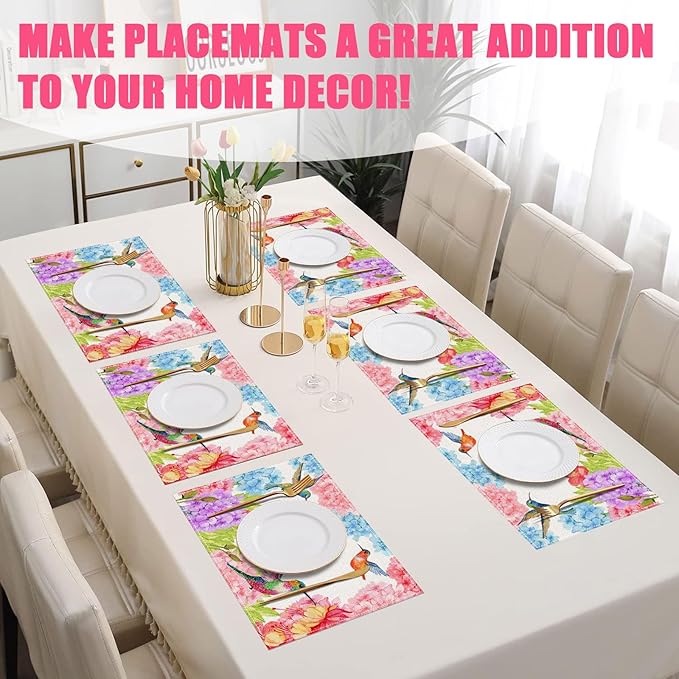 Flowers and Humming Birds Placemats Set of 6,12x18 Inch Spring Floral Linen Place Mat Washable Stain Resistant Table Mats for Seasonal Farmhouse Kitchen Party Home Decor