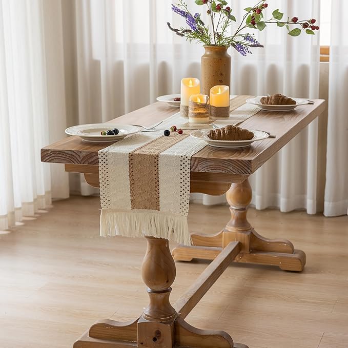 Keketoarrange Boho Table Runner Cream Beige Brown for Home Decor 12x48 Inches Farmhouse Small Macrame Woven Burlap Rustic Coffee Table Runner Dresser Scarf Dining Kitchen Centerpiece Bohemian Decor