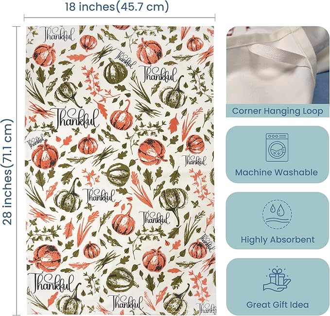 The Fine Living Company Set of 2 Thankful Printed Dish Towels, Hand Towels, Boho Tea Towels - Multifunctional, Stylish, Absorbent, Quick Dry, Soft 18" x28", 100% Cotton, Rust & Olive