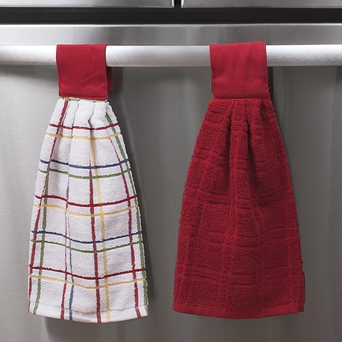 Ritz Premium 100% Cotton Solid & Multi Check Kitchen Tie Towel Absorbent, Super Soft, Fast Drying Hang Towel, 3-Pack, Paprika Red