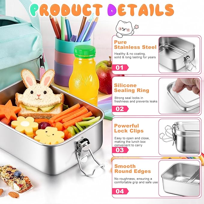 TeamFar Stainless Steel Bento Box, 2 Pack 28oz/850ml Metal Lunch Box with 3 Compartments for Adults Kids, Small Lunch Food Containers for School/Work/Meal Prep, Leak-Proof & Dishwasher Safe