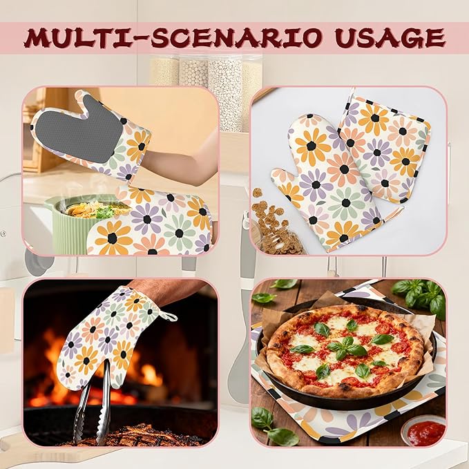 Abstract Retro Groovy Daisy Flower Heat-Resistant Silicone Oven Mitts and Pot Holder 4 Piece Set,Non-Slip Kitchen Oven Gloves for Baking, BBQ, Cooking,Grilling