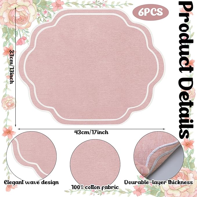 Breling Set of 6 Wedding Placemats Scalloped Embroidered Cotton Linen Placemats 17" x 13" Double Layered Machine Washable Table Place Mat for Party Table Decor(Pink)